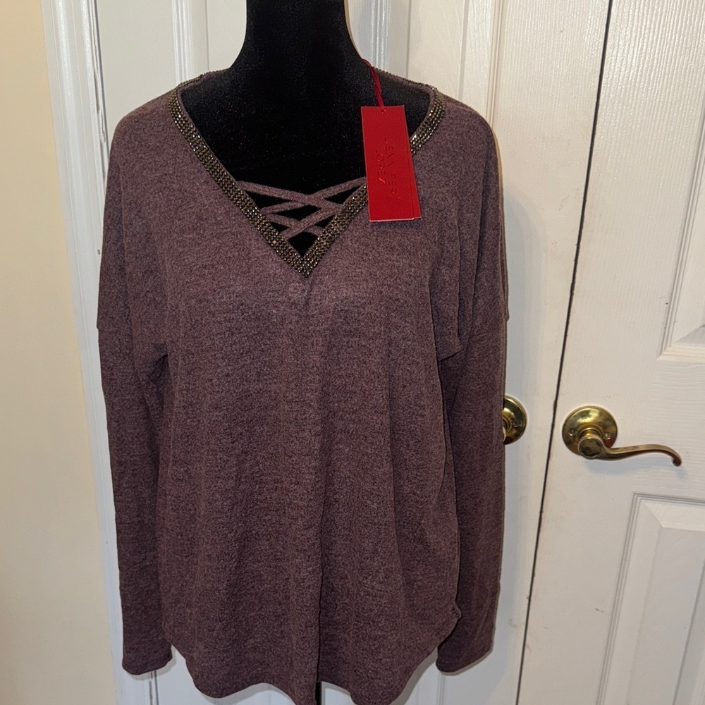 Jennifer Lopez Purple V-Neck Blouse with Beaded Detail
